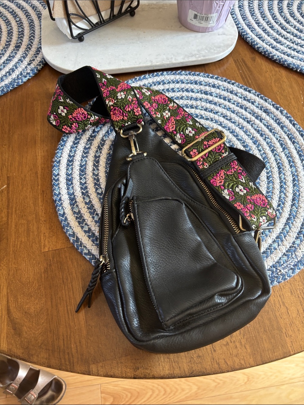 Antik Kraft Black Leather Crossbody with Pink Floral Embroidered Strap